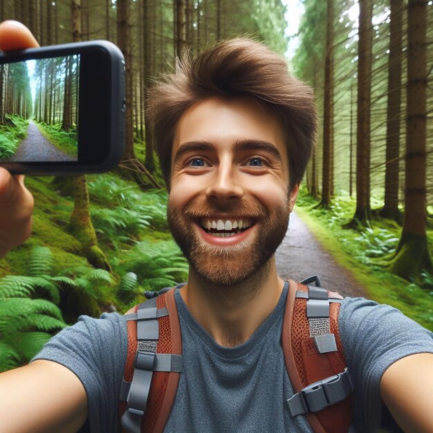 A Cheerful Travel Vlogger Films a Closeup Selfie Video in the Norwegian Green Wilderness