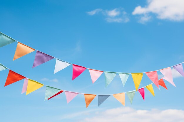 Cheerful triangular buntings embellishing the vivid blue sky ar 32