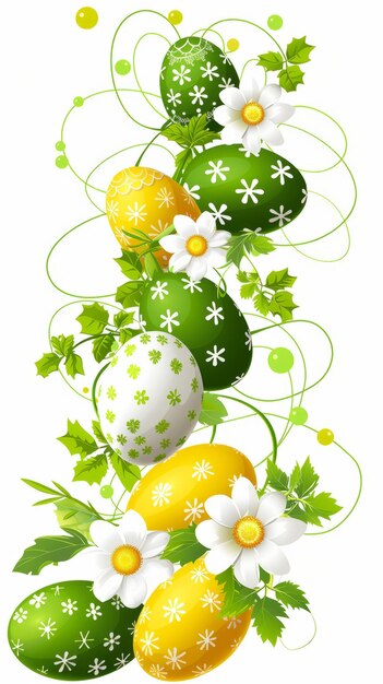 Cheerful vertical arrangement of Easter eggs adorned with floral patterns in fresh spring colors