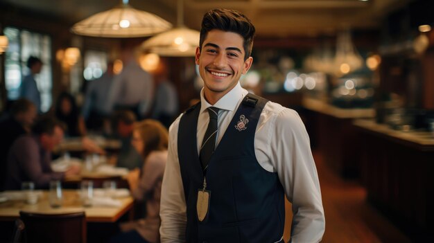 Веселый официант в оживленном ресторане смотрит в камеру с теплой улыбкой