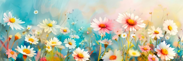 Cheerful watercolor background featuring a field of vibrant daisies perfect for celebrating the joy and beauty of nature Generative AI