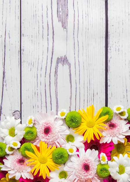 Cheerful white background with colorful fresh flowers