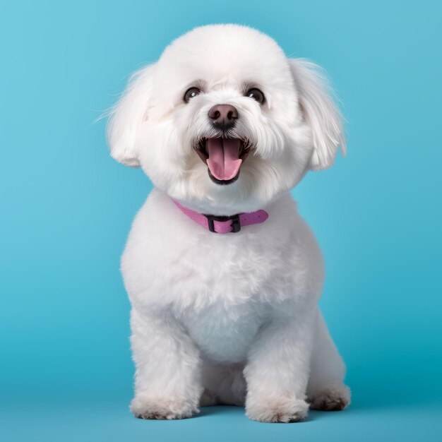 Cheerful white bichon frise dog on vibrant background