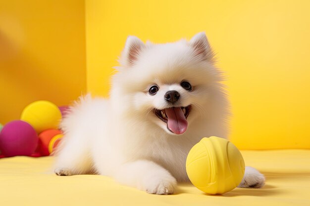 Cheerful white spitz dog having fun with toy on soft yellow wall