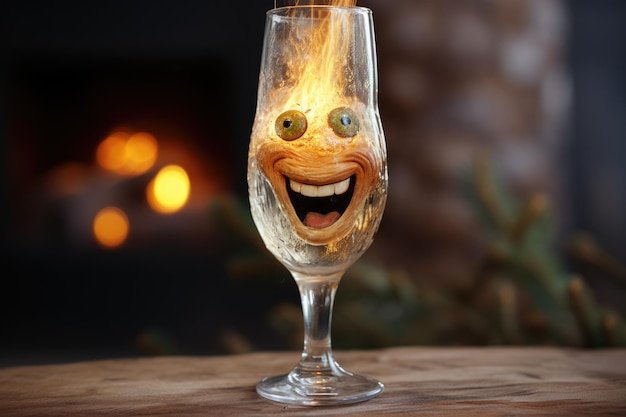 写真 背後には火の昧な炎が映っている木の上の陽気なワイングラス