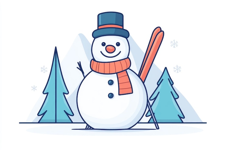 Photo cheerful winter snowman with skis and scarf isolated in clean modern style on white background