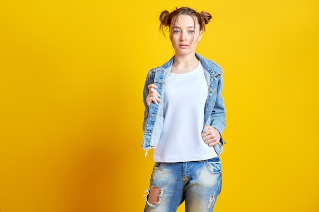 Cheerful woman in casual denim clothes