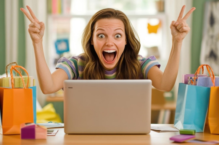 Cheerful Woman Checking Deals at Desk with Laptop