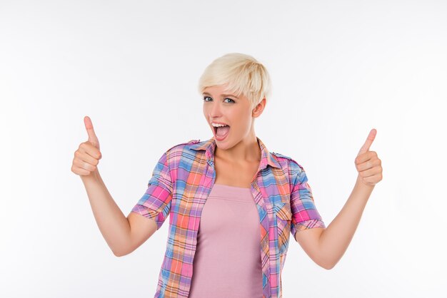 Cheerful woman in colorful shirt