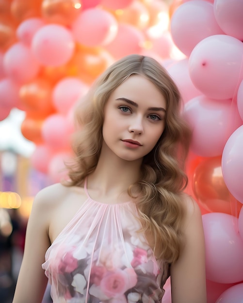 Cheerful woman in elegant dress celebrating with balloon