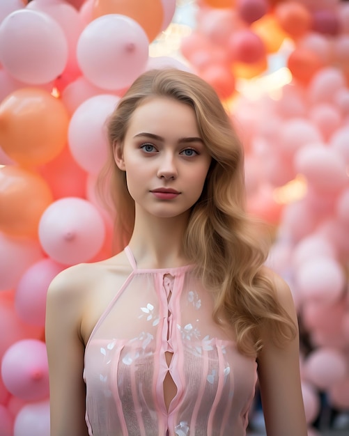 Cheerful woman in elegant dress celebrating with balloon