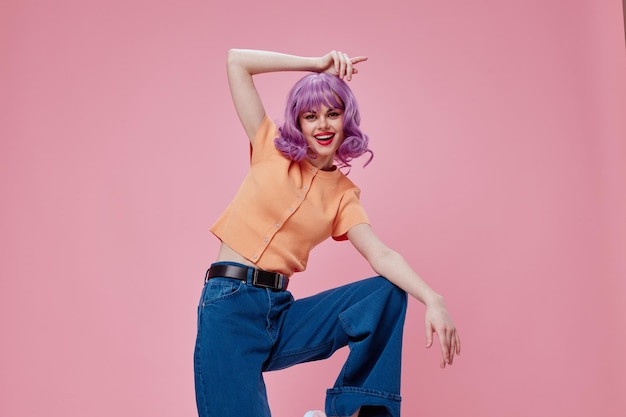 Cheerful woman fashion posing purple hair