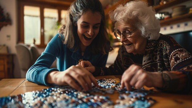 Foto donna allegra che aiuta una signora anziana con un puzzle a casa