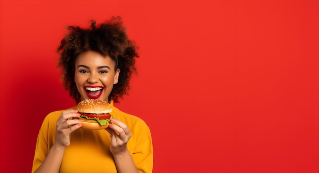 Cheerful woman holding hamburger diet snack with copy space for fast food advertising