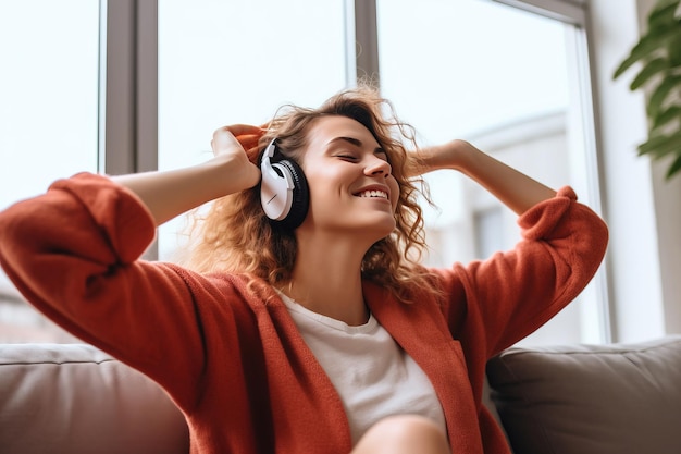 Cheerful woman listening to music and dancing Generative AI