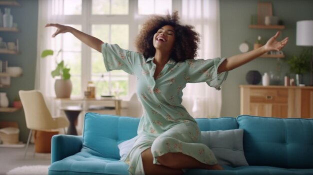 Cheerful woman listening to music and dancing on soft couch at home in day off Generative AI