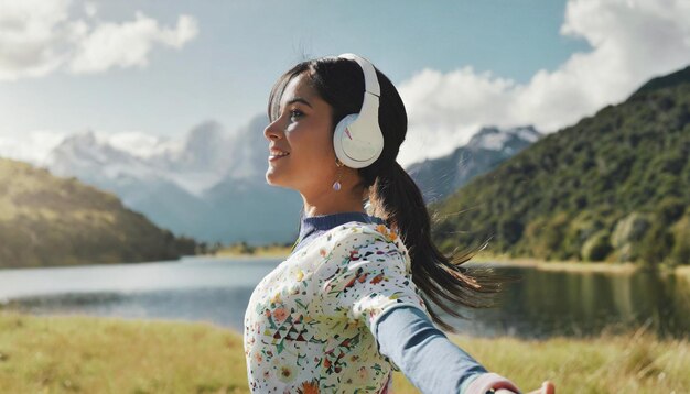 Photo cheerful woman listening to music with headphones and dancing in the field