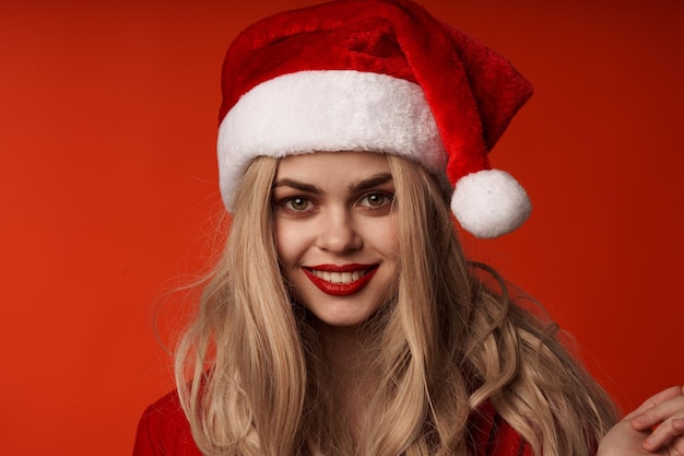 Cheerful woman new year santa hat holiday model High quality photo