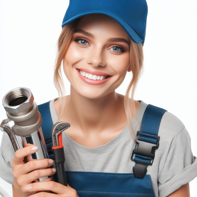 Photo cheerful woman plumber repairing metal pipe isolated on white background