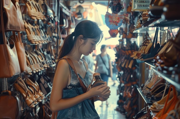 Cheerful woman shopping sandals from street shop