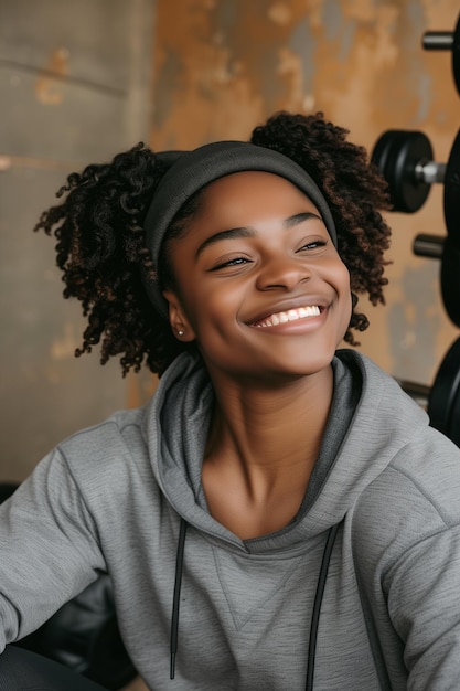Cheerful woman smiling while lifting weights in a comfortable workout session