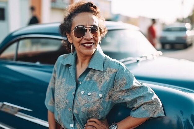 Cheerful woman standing near car