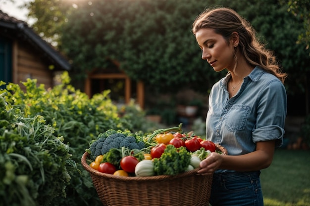 Cheerful woman in vegetable garden holding basket of fresh produce smiling at camera