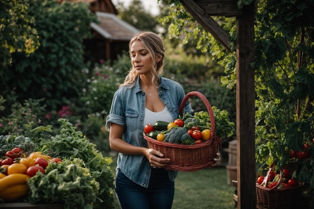 Cheerful woman in vegetable garden holding basket of fresh produce smiling at camera