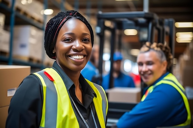 Premium AI Image | Cheerful woman in a vibrant yellow vest radiating ...