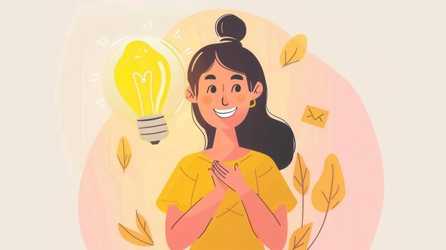 Photo cheerful woman with light bulb idea concept in pastel colors creative inspiration illustration