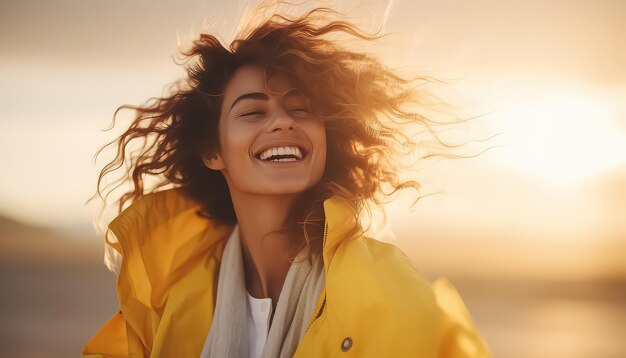 Foto donna allegra con un impermeabile giallo al tramonto