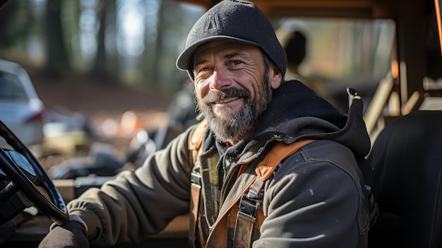 A cheerful worker is sitting in the cab of a mini excavator with a smile on his face Generative AI