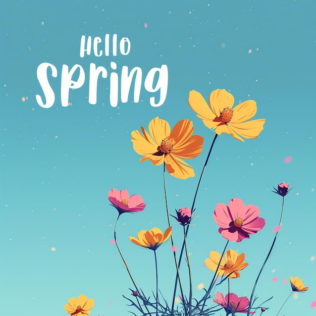 Photo cheerful yellow and pink spring flowers under hello spring text on starry sky