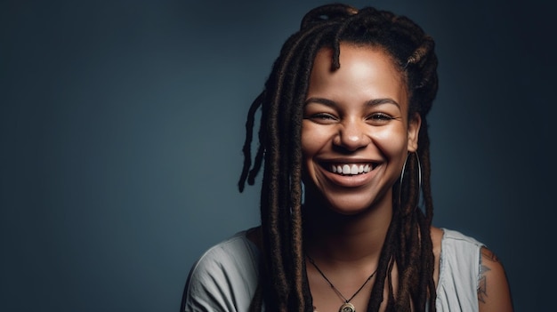 Cheerful young adult woman smiling with teeth exposed in a studio shot portrait