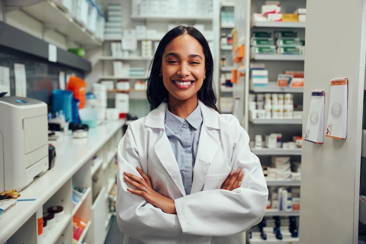 Photo cheerful young african american female pharmacist wearing labcoat with folded hands standing in chemist near shelves
