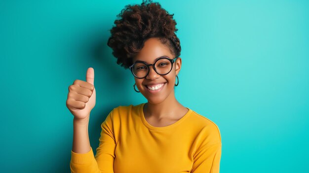 Photo cheerful young african american woman with curly hair and black eyeglasses giving thumbs up and toothy smiling