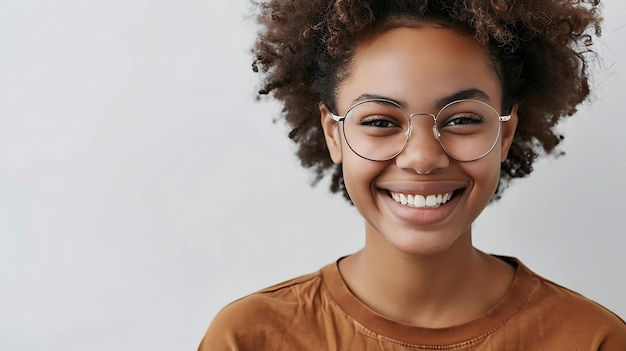 Cheerful young African American woman with curly hair wearing stylish eyeglasses looking at camera with toothy smile