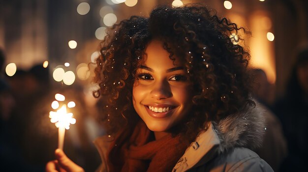 陽気な若いアフリカの女の子が野外でベンガル光で新年を祝っています