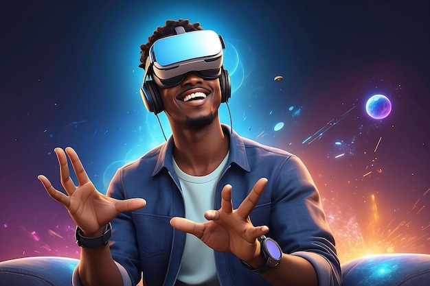 Cheerful young African man in a Virtual Reality playing with future technology Mockup 3d character illustration