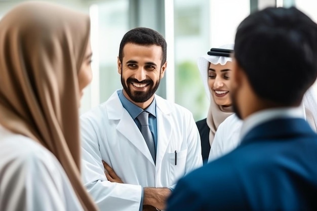 Foto giovane uomo arabo allegro medico capo che ha team building con squadra multirazziale di medici a