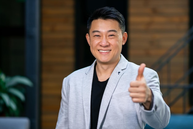 Cheerful young asian business man feeling happy getting a new job opportunity holds thumbs up