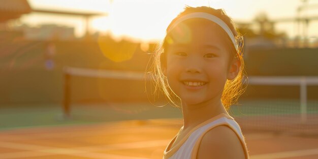 Photo a cheerful young asian girl is smiling as he enjoys playing tennis outdoors on a sunny day her face is lit up with joy and enthusiasm showcasing a moment of pure happiness captured in the photograph