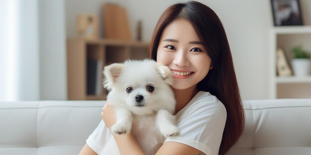 Cheerful young Asian woman in casual clothes carrying her sweet fluffy dog