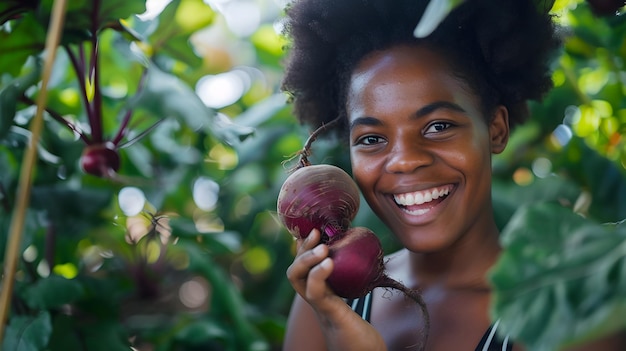 Photo cheerful young black woman harvesting beets in urban garden setting
