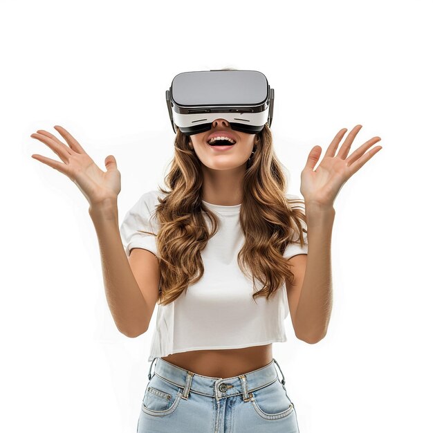 Cheerful Young Black Woman Wearing VR Glasses Standing In Neon Light Excited African American Lady Enjoying Virtual Reality Experience While Posing Over Purple Background In Studio Copy Space