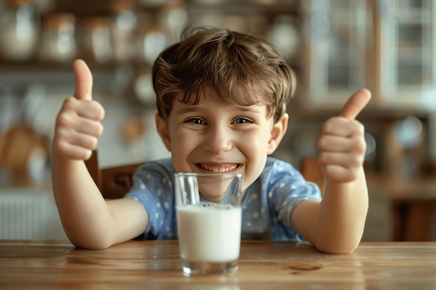 Photo a cheerful young boy giving thumbs up while enjoying a fresh glass of milk at home