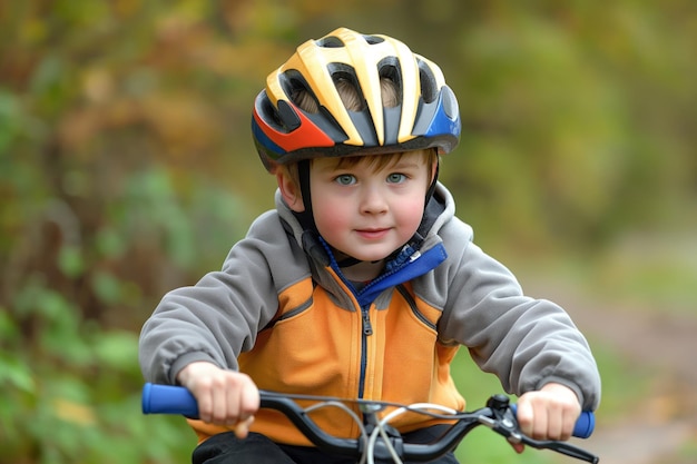 cheerful young boy rides his bicycle with a safety helmet on a wooded path showcasing active childhood and safety awareness