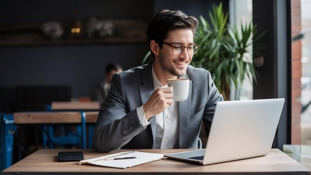 Cheerful young businessman drinking coffee using laptop