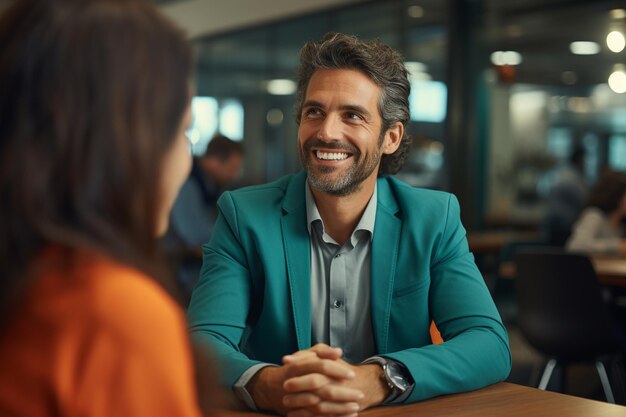 Photo cheerful young businessman smiling during meeting with client in a cafe generative ai