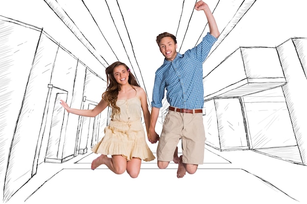 Cheerful young couple jumping against sketch of an office building